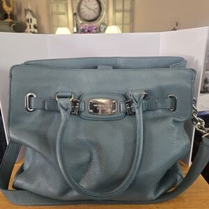 Michael Kors Teal Pebbled Leather Satchel with Silver Hardware